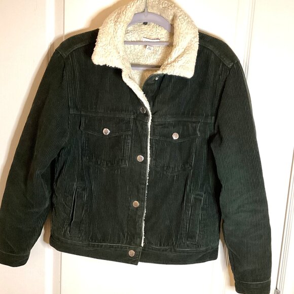 Topshop Green Corduroy Bomber Jacket Sherpa Lined Size S - Picture 1 of 11